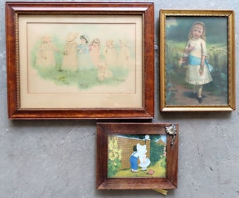 Three child theme prints. The first of a Sunbonnet baby being hugged by boy; the second of a young