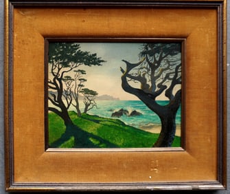 Arrigo Ghedini, Italy 1905 - 1997. Oil on board, landscape with Stone Pine trees growing near ocean