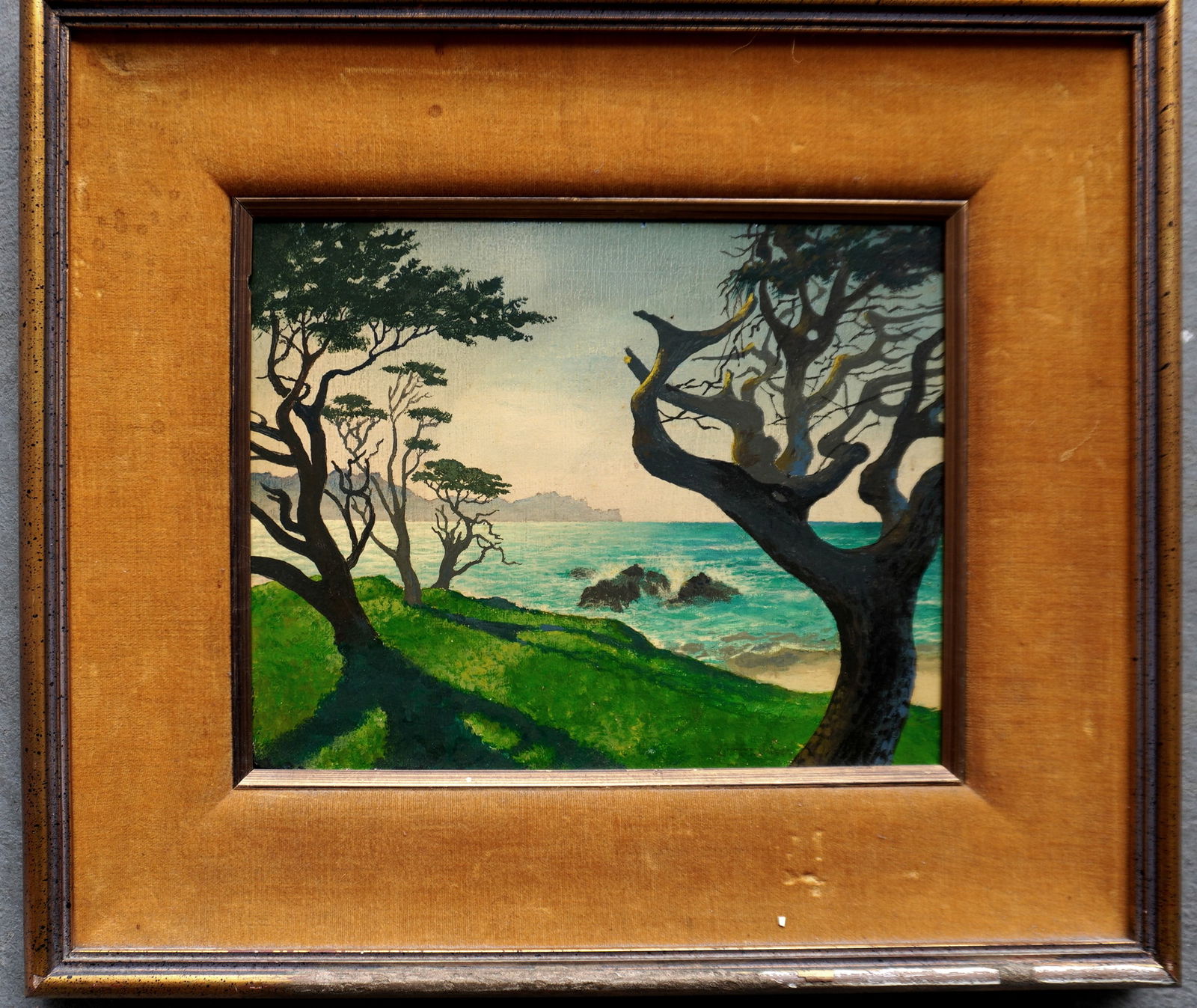 Arrigo Ghedini, Italy 1905 - 1997. Oil on board, landscape with Stone Pine trees growing near ocean (1 of 4)