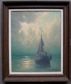 Henk Dekker, Dutch 1897-1974. O/C Impressionist fishing boat in ocean in morning mist, mid 20th