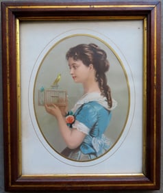 A 19th century chromolithograph depicting a young lady holding a wooden bird cage with canary