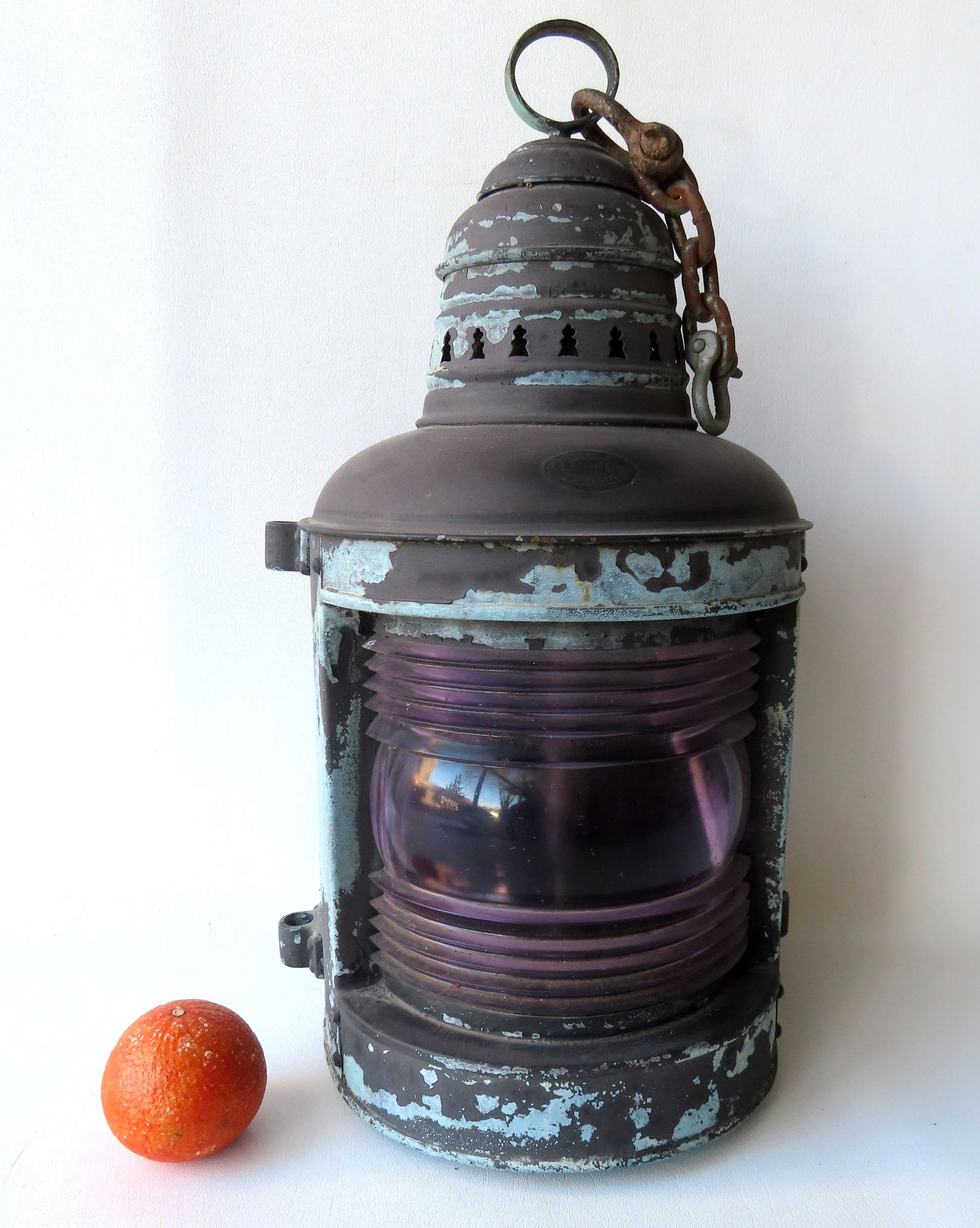 A large brass nautical lantern with colorless lens, patinated surface, late 19th to early 20th (1 of 8)