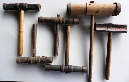 Grouping of 6 shipwright's caulking mallets, all used but otherwise in good condition. One with a