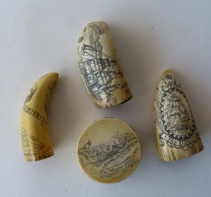 Four miniature resin scrimshaws with very detailed work. Includes 3 reproduction whale teeth, 1