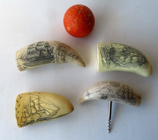 Grouping of 4 reproduction resin scrimshaw whale teeth, including a Artek Reproduction of Edward