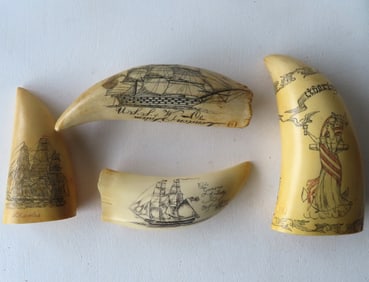 Grouping of 4 reproduction resin scrimshaw whale teeth, including: Two signed PMS Artek