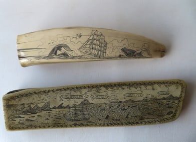 Two large resin scrimshaw reproductions. The first a Capt. Thos. Calder & Joseph Boyle 1st Mate