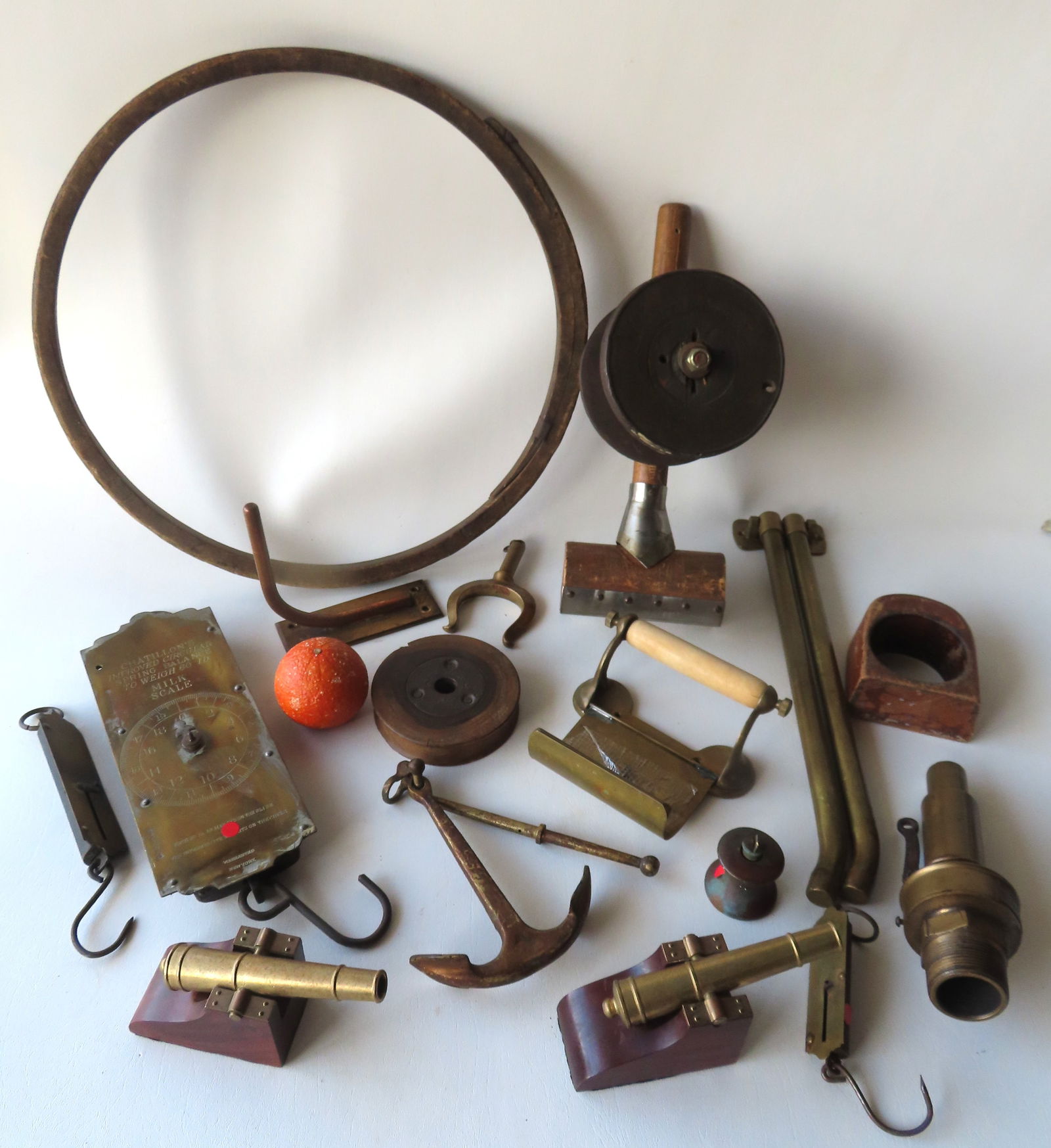 Grouping of miscellaneous nautical collectibles including: Chatillon Milk Scale, 2 other brass (1 of 9)