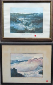 Two framed ocean surf prints after paintings by F.J. Waugh, N.A. - note inscriptions on reverse.