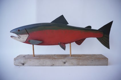 Jeff Raymond, folk art Salmon carving (1949-2022, Poughkeepsie and Red Hook NY). A carved wooden