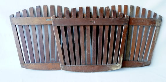 Three signed "Old Town Canoe" fan shaped slat-back seat rests with original paper labels and