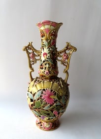 A fancy large Zsolnay Austrian Hungarian porcelain double handled vase profusely decorated with