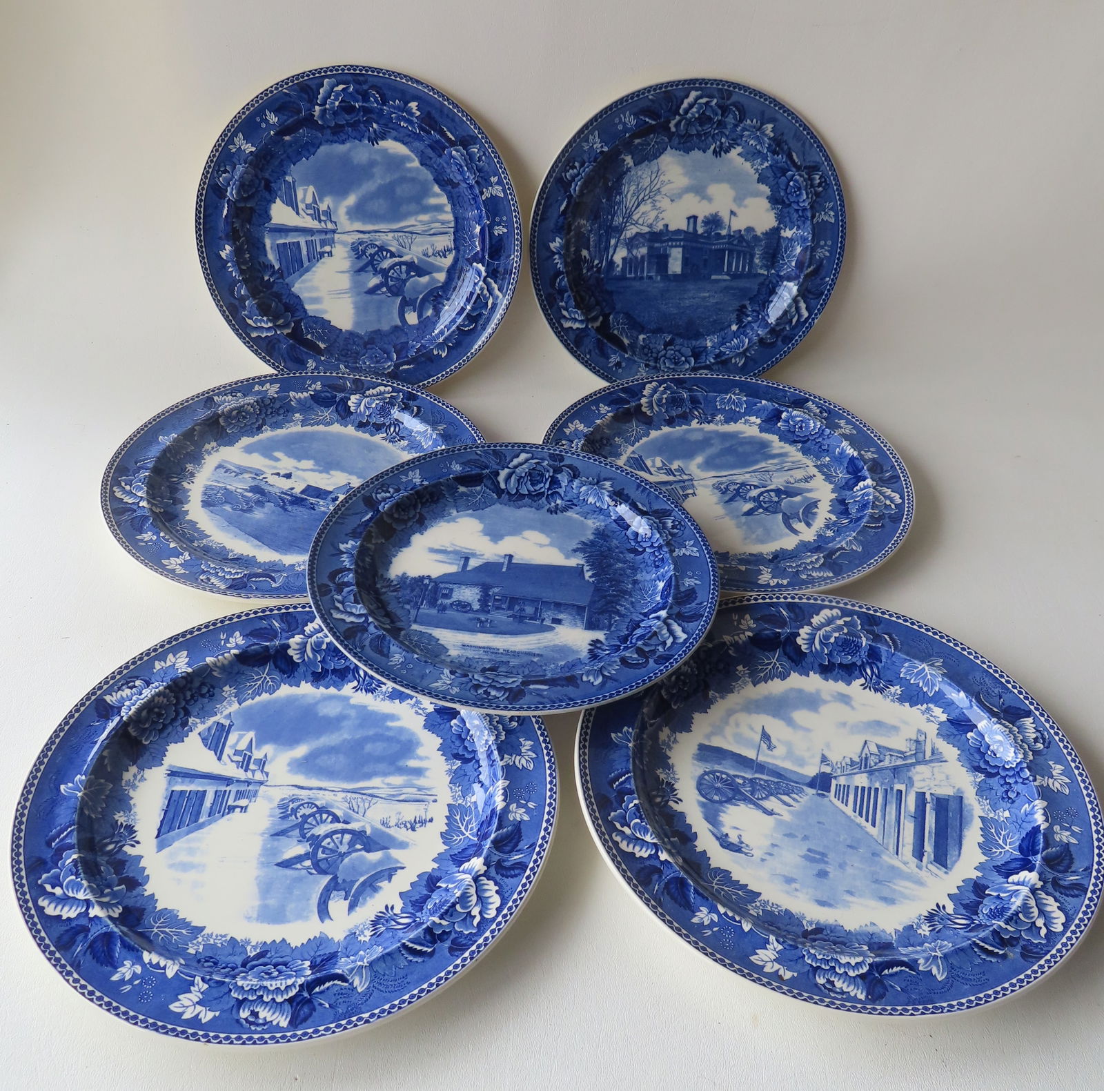 Seven Wedgewood collector plates of historical American scenes in blue transferware, probably early (1 of 8)