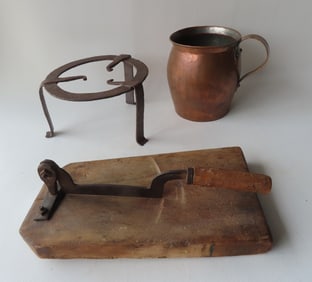 Three good primitives including a hand hammered copper pitcher with applied handle, 19th century -