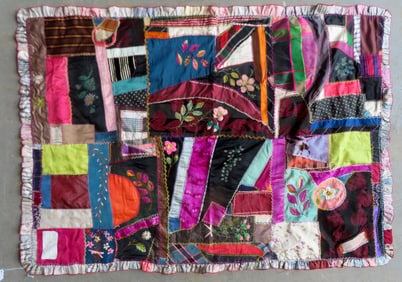 Victorian crazy crib quilt decorated with sewn and hand painted flowers - also with hand sewn paper