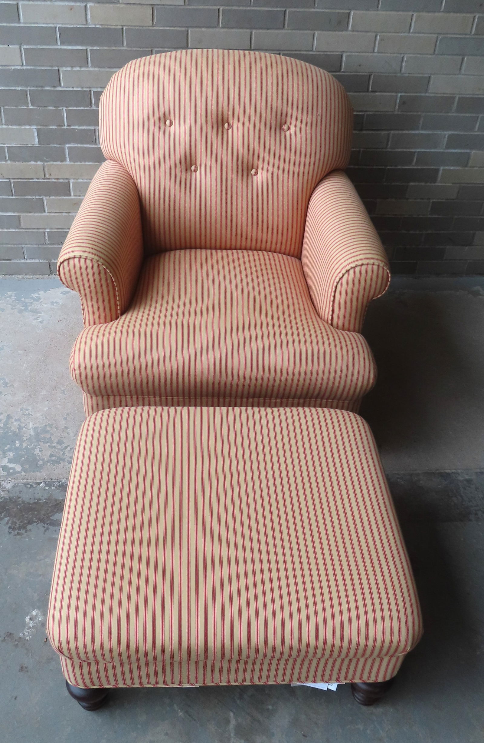 A modern upholstered parlor chair and ottoman in very good - no wear to fabric - 2 tiny stains (see (1 of 11)