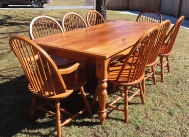 Country pine dining room table in Sheraton style and 8 matching oak DR chairs. The table custom made