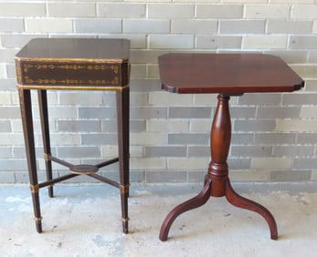 Two work tables including a spider leg cherry candlestand with shaped corners, circa 1810-30 - one
