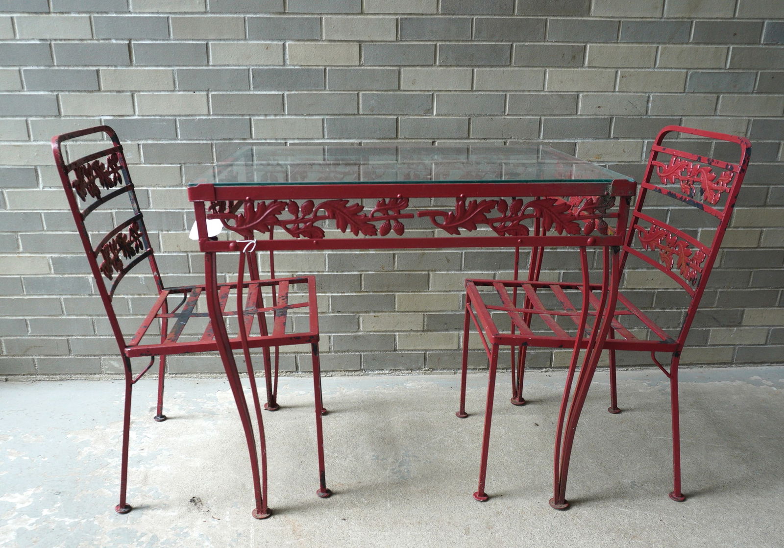 Small wrought iron glass top patio table and 2 matching chairs, in the acorn and leaf pattern, old (1 of 5)