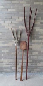 Three hand made wooden farm tools including: A 3-tine hay fork in original gray paint - very good