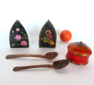 Grouping of 5 country items including 2 sadirons in old paint, spice box, spoons.