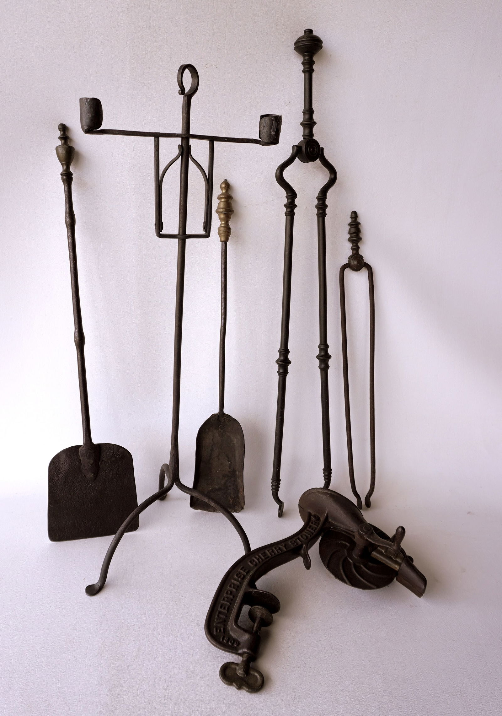 Grouping of 6 country hearth items including: 4 early fireplace tools, some hand forged 18th/19th (1 of 9)