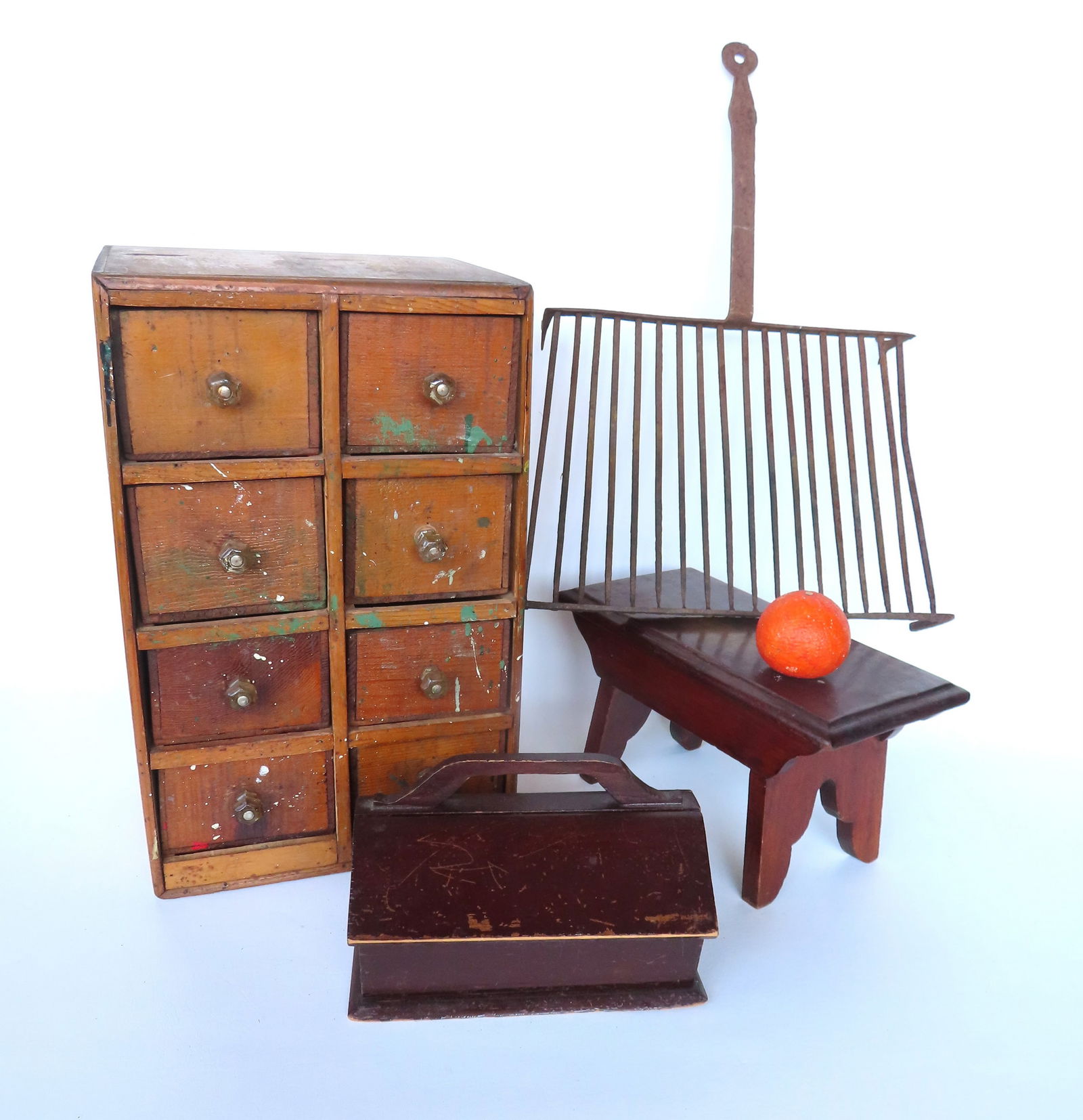 Grouping of country items including: A good hand forged iron fireplace trivet with footed base and (1 of 8)