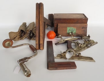 Grouping of vintage tools including: A Millers Falls Co. bit brace with rosewood handle patent 1869