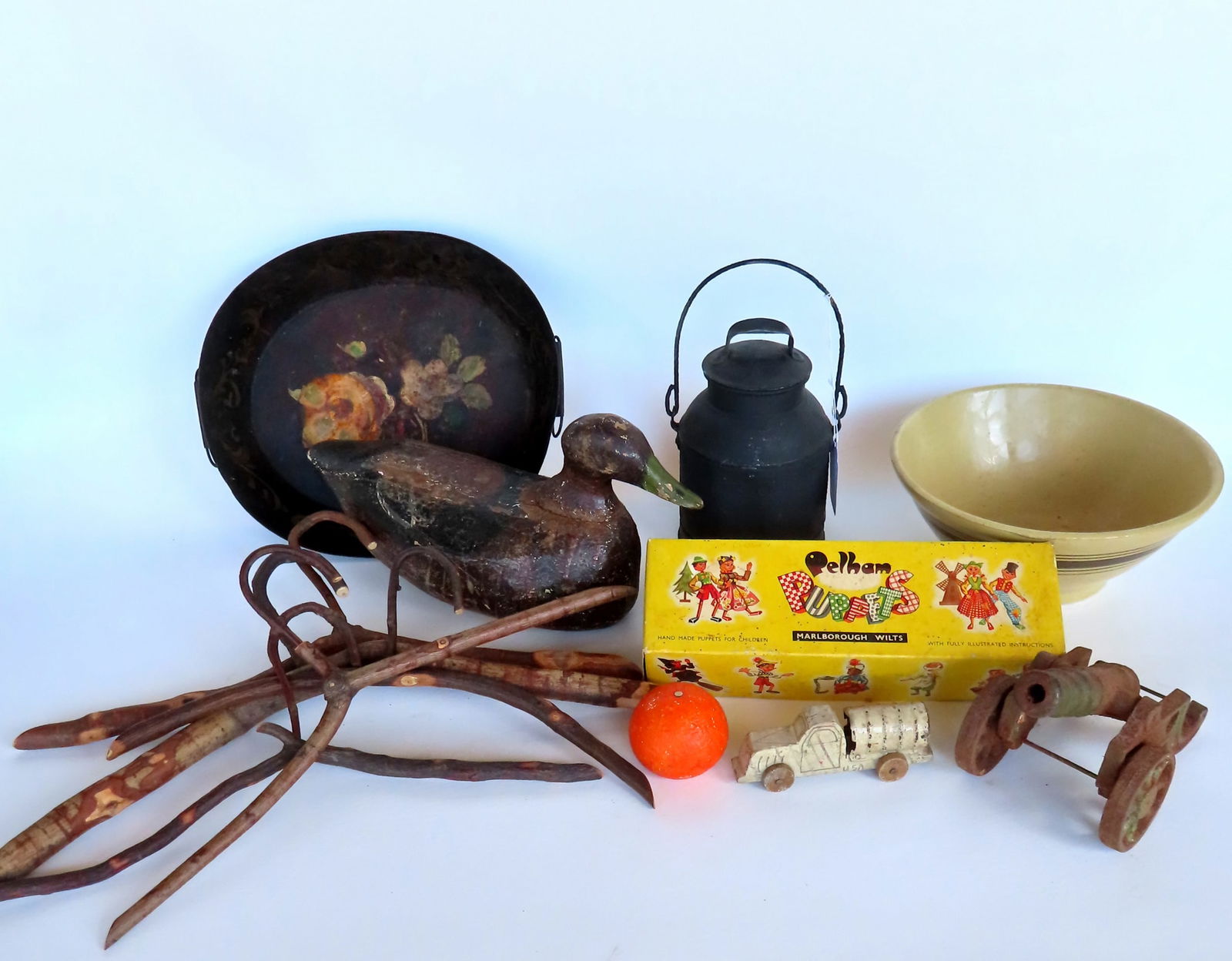 Grouping of country items including a primitive carved wooden decoy - early 20th century, a Pelham (1 of 8)