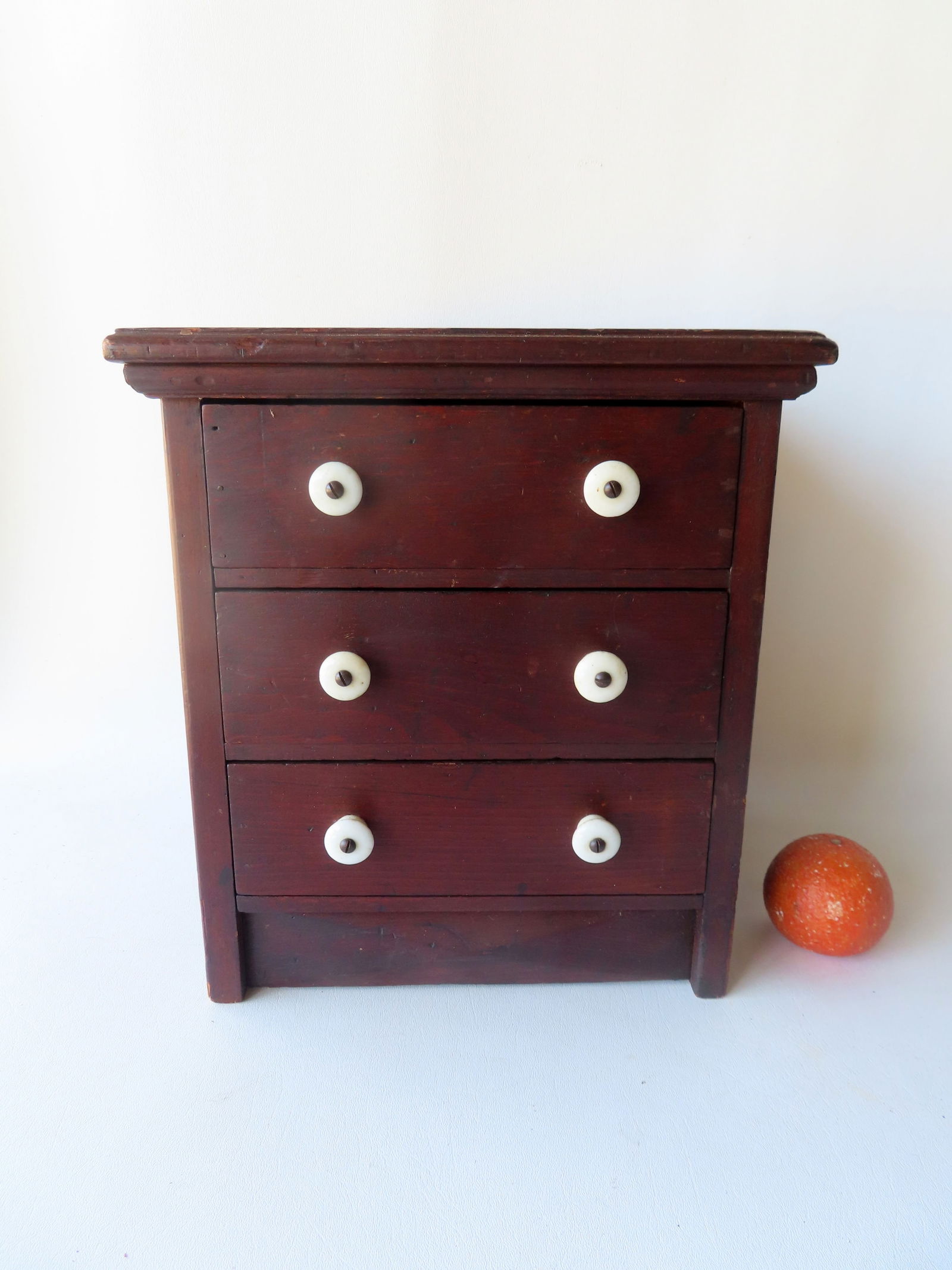 Miniature 3 drawer chest with porcelain pulls, diamond hand chamfered sides, molded edge to top, and (1 of 7)