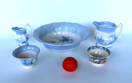 Grouping of 4 pieces of early porcelains. Included 2 Staffordshire blue and white pieces signed