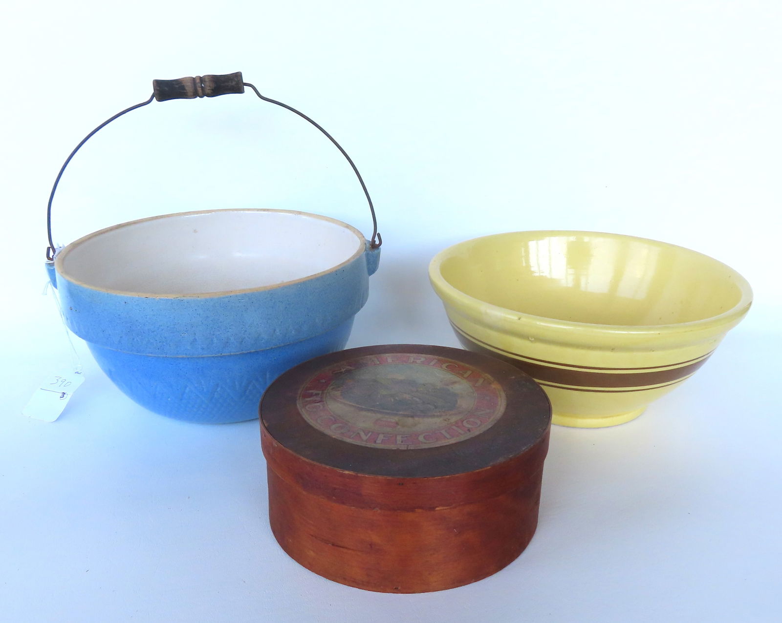 Grouping of 3 country items including: A blue stoneware cooking pot with bale handle, good (1 of 4)