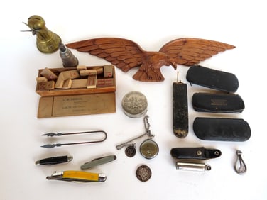 Grouping of various collectibles including pocket knives, folding bicycle cup, small carved wooden