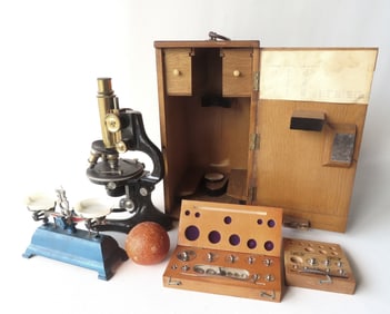 German microscope, balance scale, and 2 boxes of weights. A professional brass and iron German