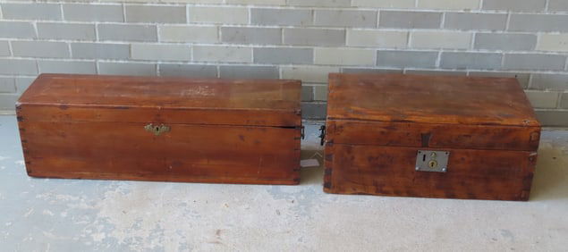 Two early dovetailed storage boxes. The first, 18th century with cotterpin hinges - small loss on