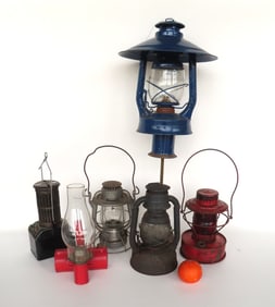 Grouping of 6 vintage lanterns including: Like new pole lantern in original blue paint signed "Dietz