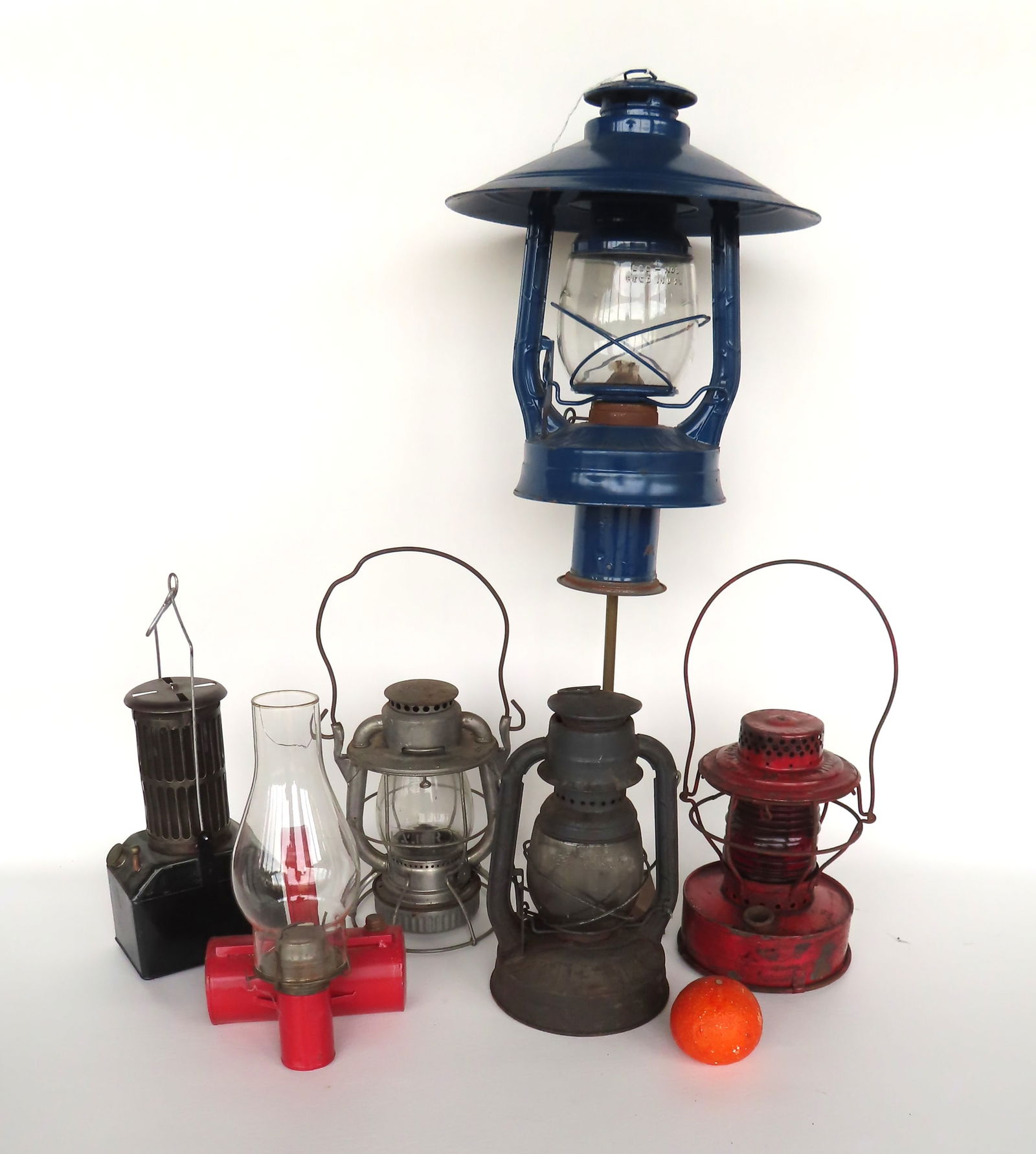 Grouping of 6 vintage lanterns including: Like new pole lantern in original blue paint signed "Dietz (1 of 11)