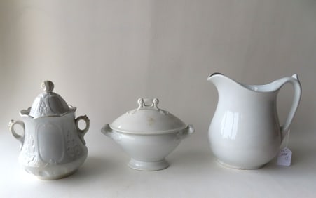 Three pieces of 19th century ironstone including: Pitcher signed Wedgewood with small glazing chip