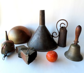 Grouping of country collectibles including: Primitive iron and tin door bell - some rusting else