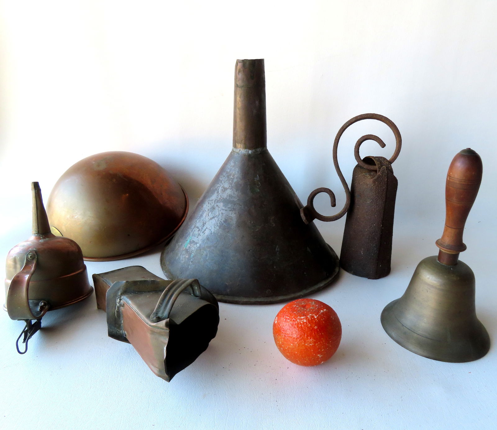 Grouping of country collectibles including: Primitive iron and tin door bell - some rusting else (1 of 8)