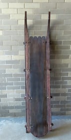 A good primitive hand made child's sled, a 3 seater, in original blue and red paint, mid to late