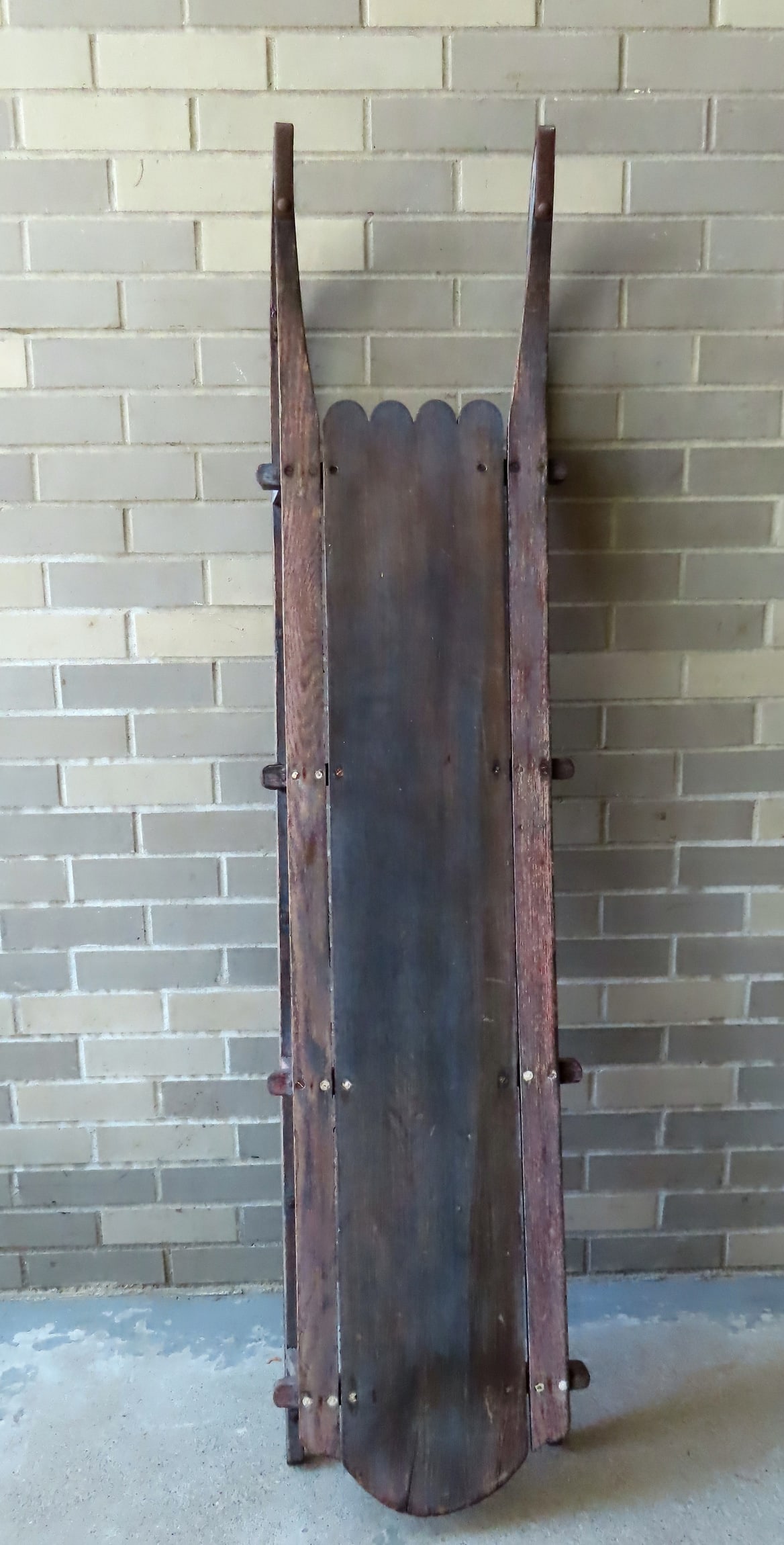 A good primitive hand made child's sled, a 3 seater, in original blue and red paint, mid to late (1 of 5)