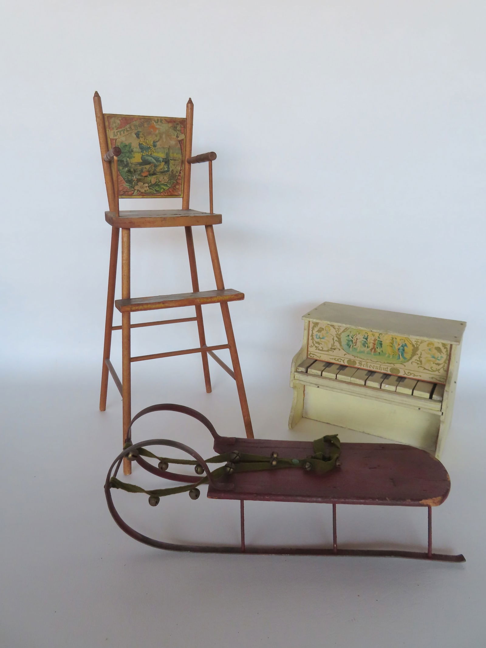 Grouping of 3 vintage toys: 1) Doll size high chair with lithograph papered back marked "Little Boy (1 of 9)