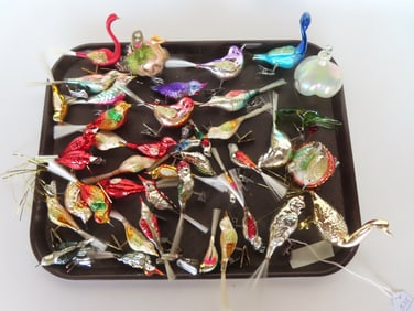 Grouping of 38 glass Christmas ornaments, most birds and in good condition. Note - some birds
