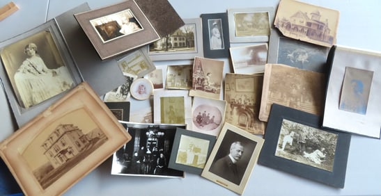 Grouping of miscellaneous vintage photos including grandma listening to radio, Victorian interior