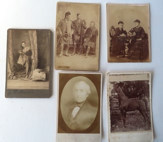 Grouping of 5 cabinet cards, late 19th century, includes: Portrait of lady dressed in oriental