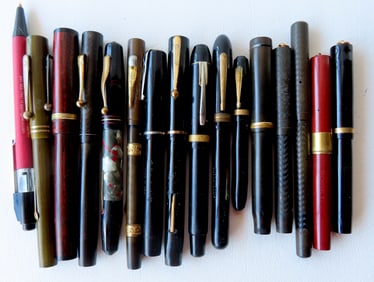 Grouping of 15 vintage fountain pens by various makers, including: Waterson, The Moore Pen, Ideal