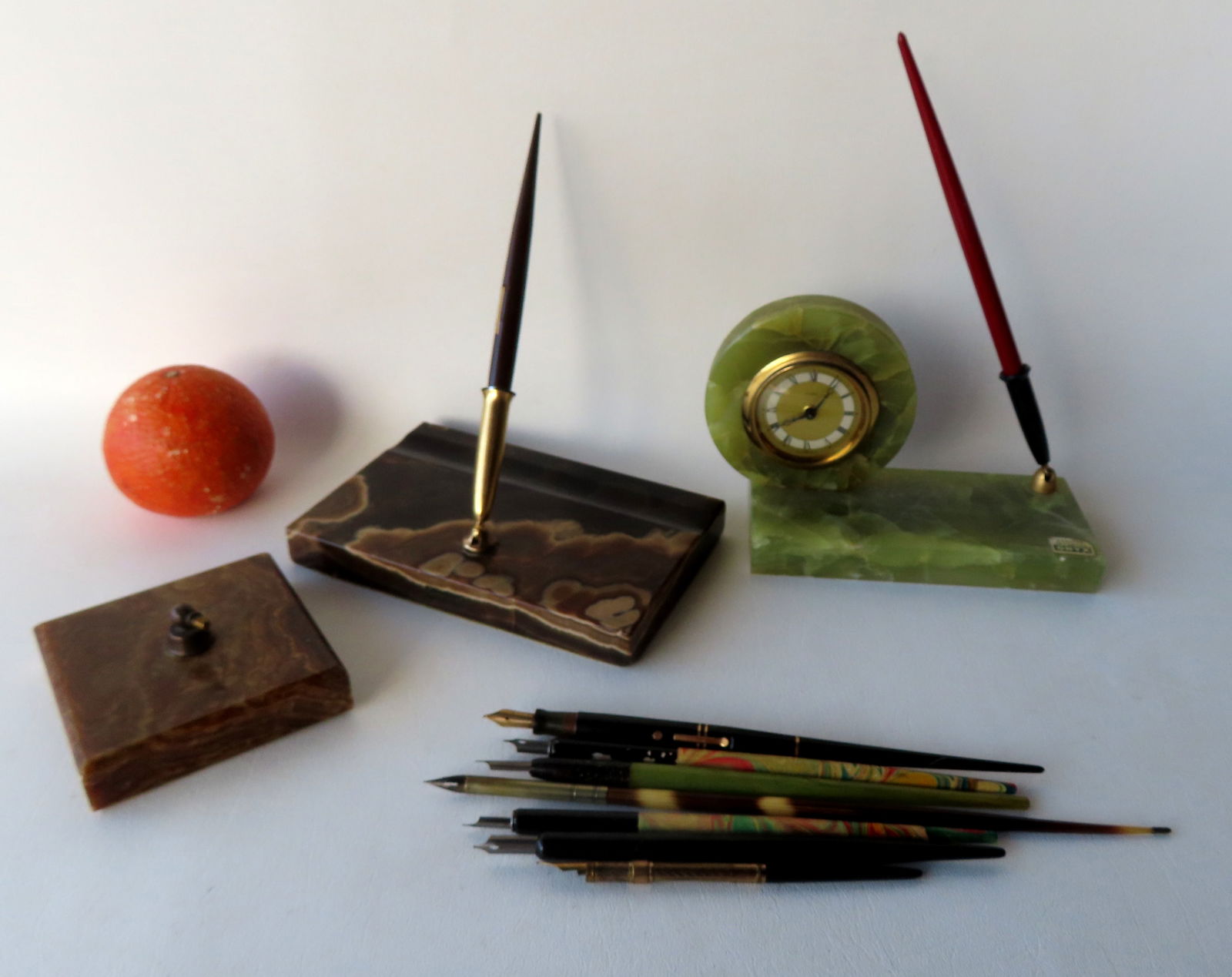 Grouping of pen related articles including: Marble desk set with pen signed "Sheaffers" - very good (1 of 10)