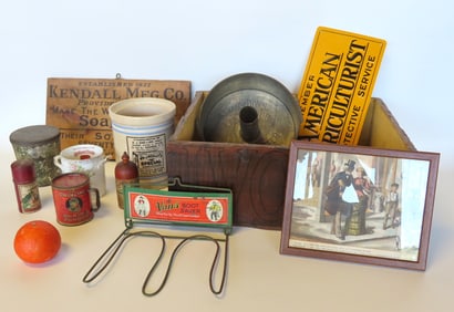 Grouping of advertising articles, most late 19th to early 20th century. Most are in good condition.