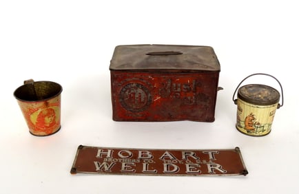Grouping of 4 advertising items including: Lithograph candy tin with bail handle with images of